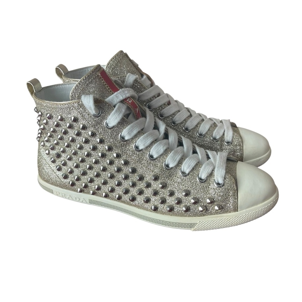 PRADA Glitter Leather Spiked High Top Sneakers Size 5.5/36 - Picture 2 of 10